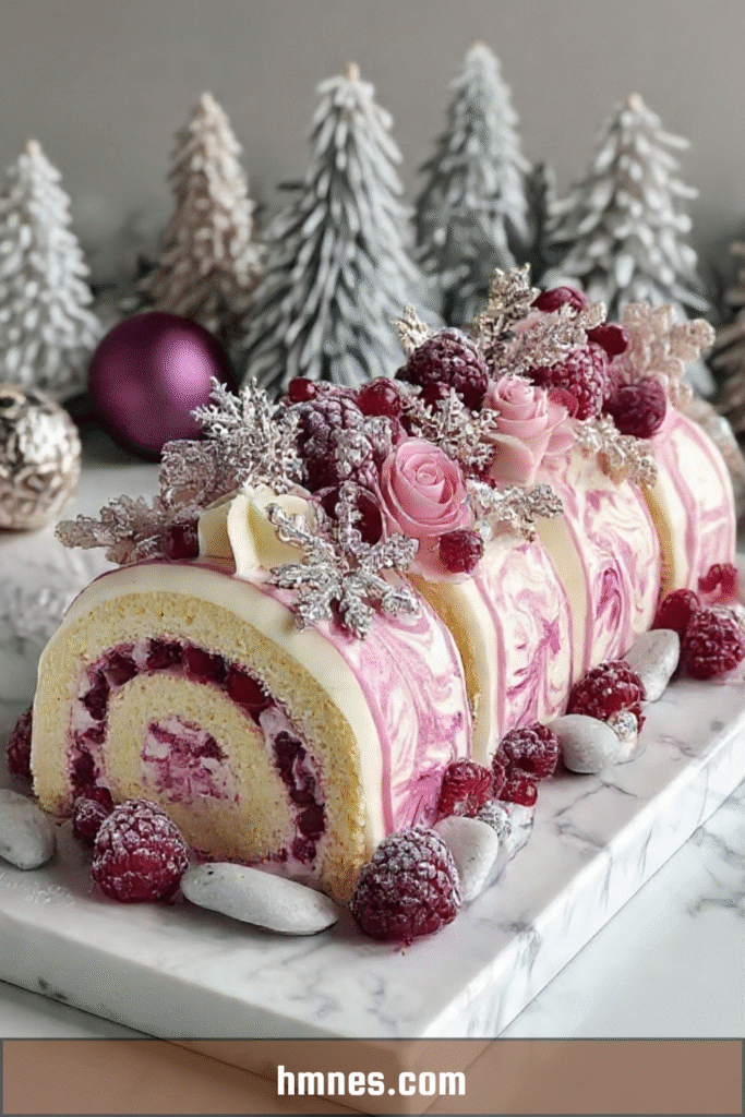 Bûche framboise vanille marbrée avec glaçage blanc et rose et décor aux framboises