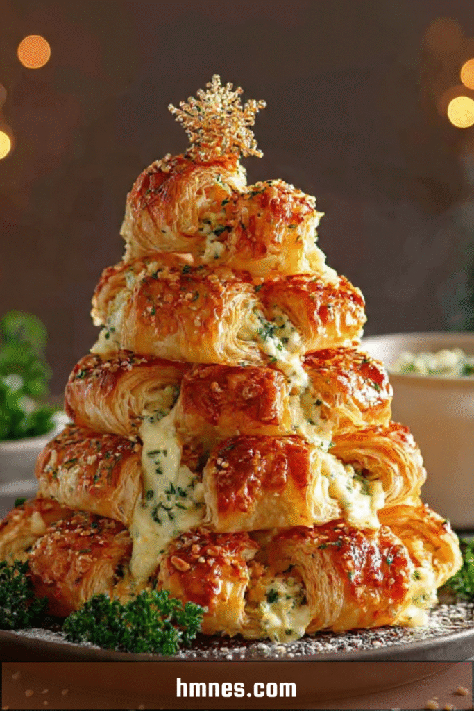 Sapin feuilleté fromage croustillant avec herbes fraîches et dorure brillante