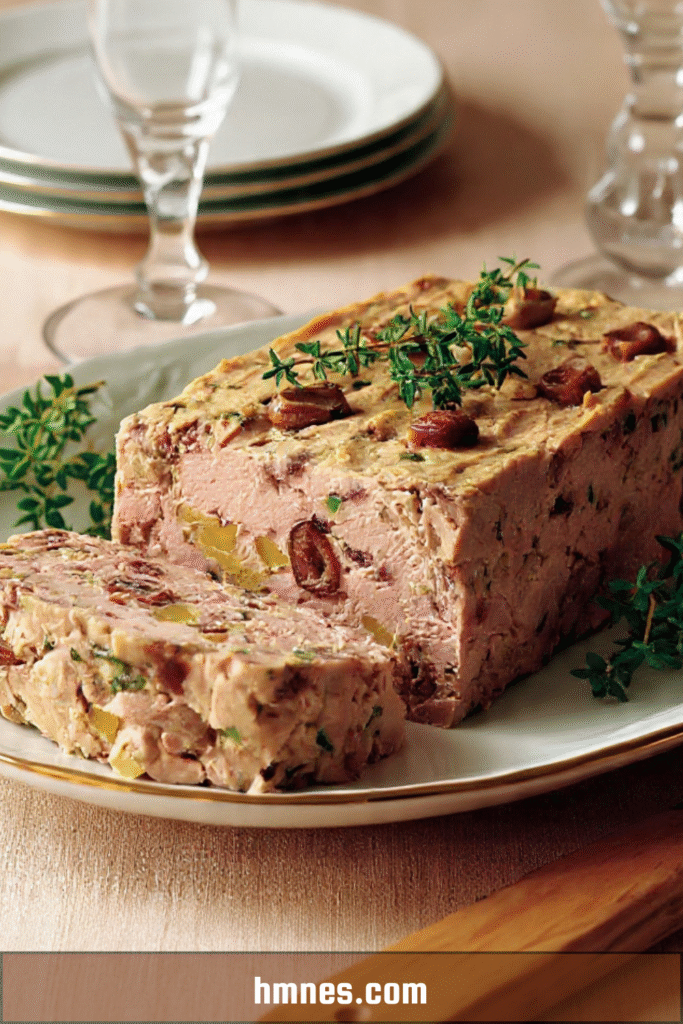 Terrine volaille châtaignes aux herbes, avec morceaux visibles et décoration de châtaignes entières