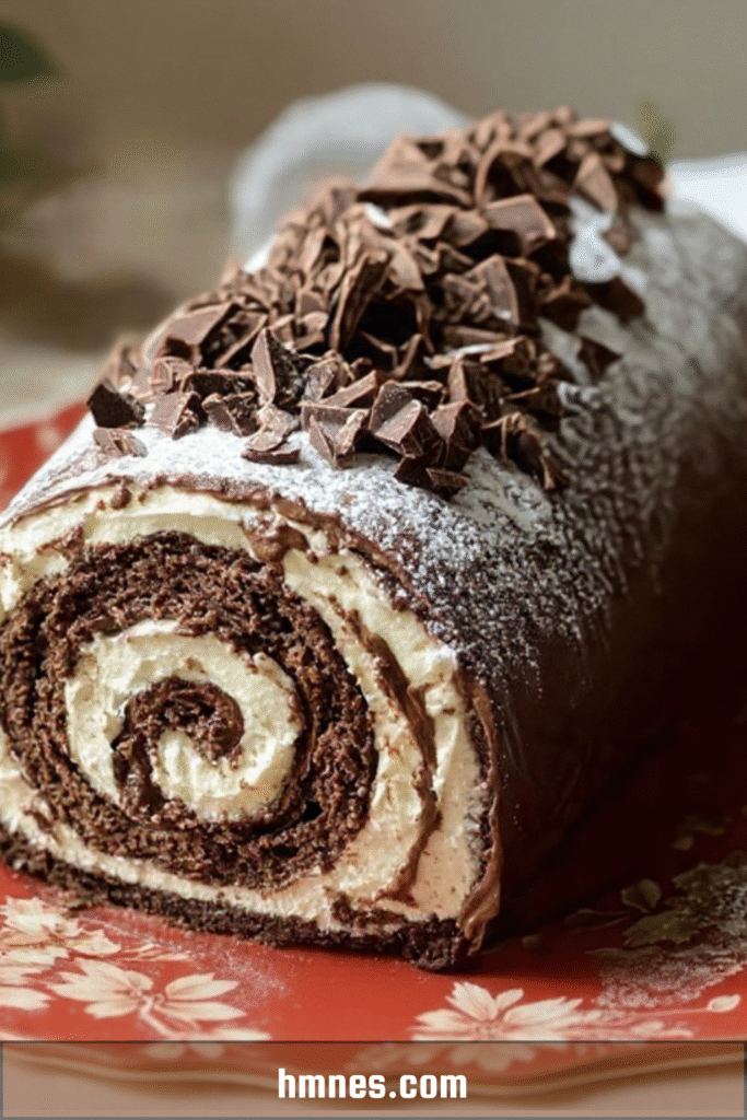 Bûche chocolat roulée avec glaçage brillant, copeaux de chocolat et finition sucre glace