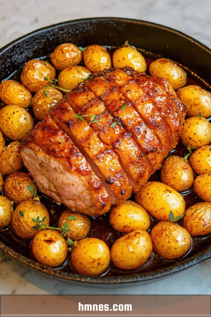 Rôti porc grenailles doré avec thym frais, ail écrasé et jus caramélisé