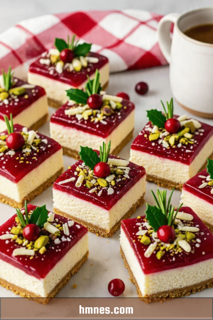 Mini cheesecakes fruits rouges carrés avec gelée brillante, pistaches et décor festif