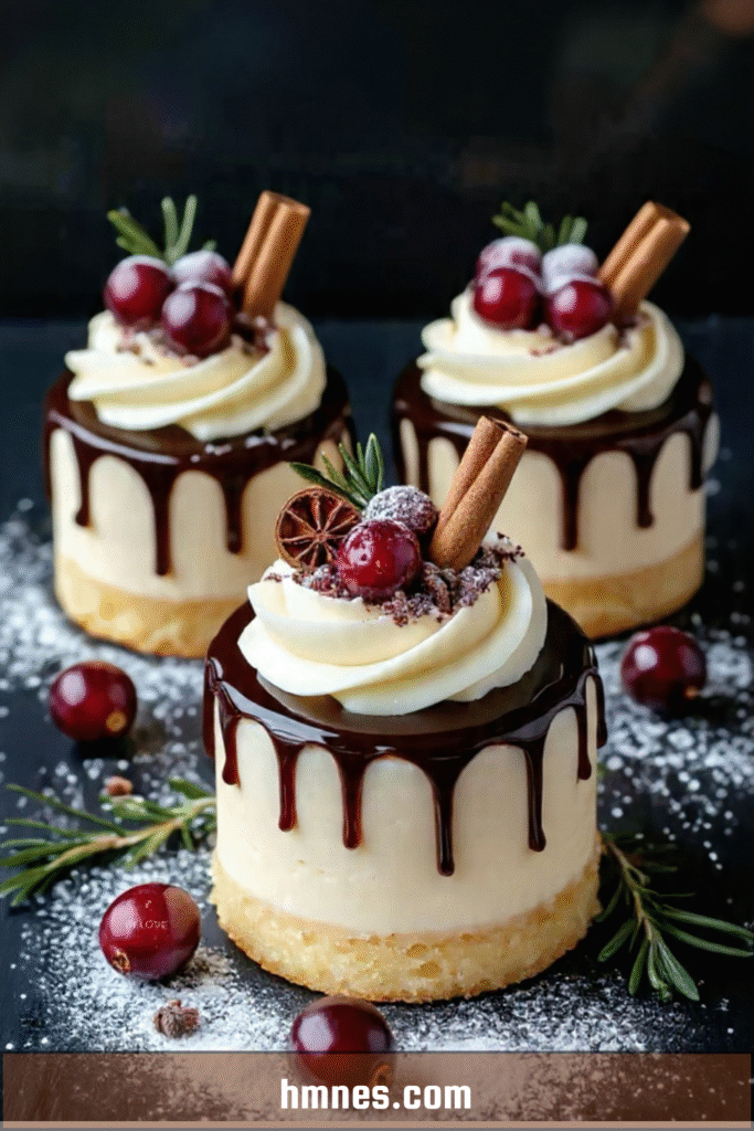 Mini cheesecakes chocolat vanille avec ganache drip, chantilly et décor de Noël