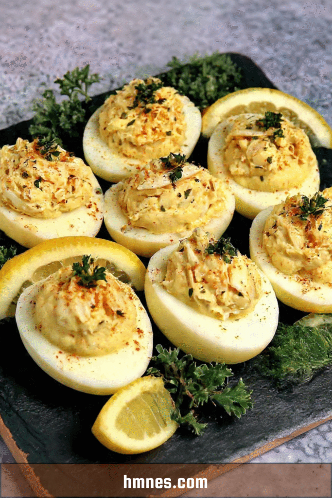 Œufs mimosa crabe citron garnis de crème citronnée, ciboulette et paprika