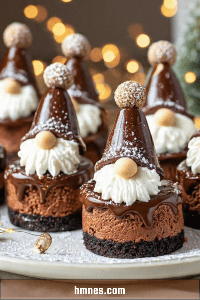 Mini cheesecakes chocolat Noël décorés en Père Noël avec chantilly, ganache et déco festive