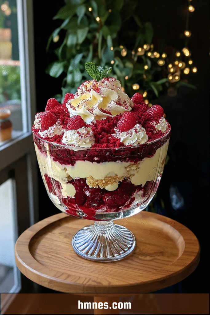 Red Velvet Cake Trifle Noël en verrine avec crème vanille, fruits rouges et miettes de gâteau
