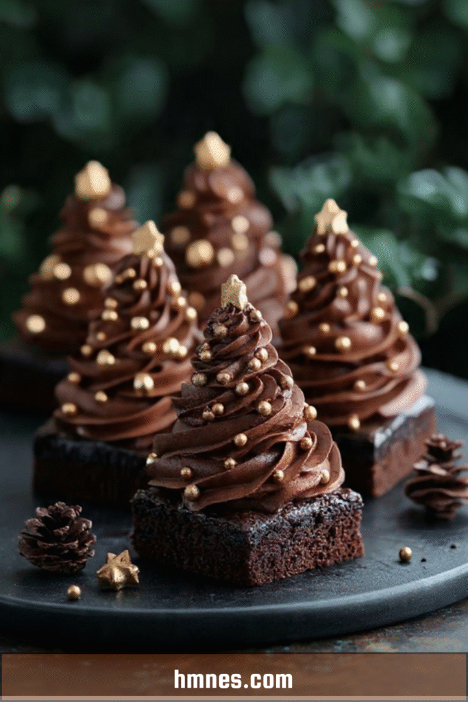 Mini sapins brownie chocolat décorés d’étoiles dorées et crème pochée façon sapin