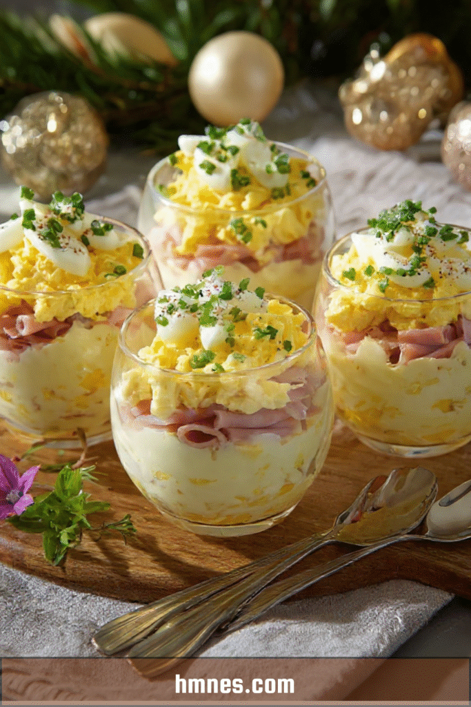 Verrines œufs mimosa jambon avec pommes de terre, œufs durs et ciboulette fraîche