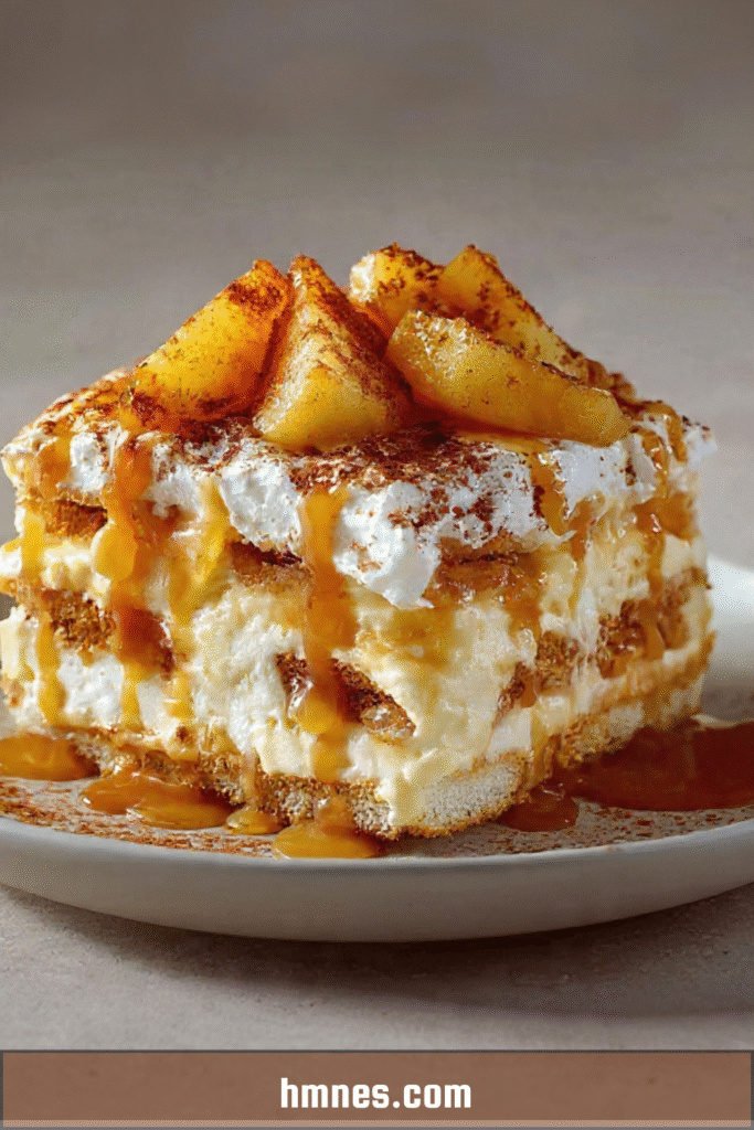 Tiramisu pommes caramel avec couches de crème mascarpone, pommes caramélisées et caramel beurre salé