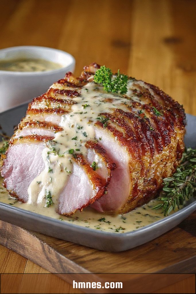 Rôti de porc sauce crémeuse aux herbes servi tranché avec sauce onctueuse et herbes fraîches