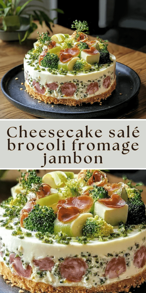 Cheesecake salé brocoli fromage jambon cru décoré de fleurettes et herbes fraîches
