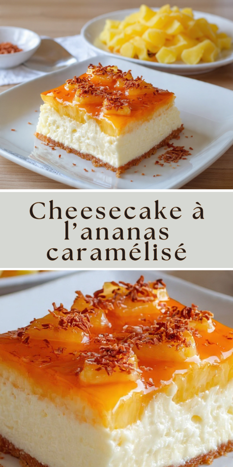 Cheesecake à l’ananas caramélisé avec base biscuitée et topping doré