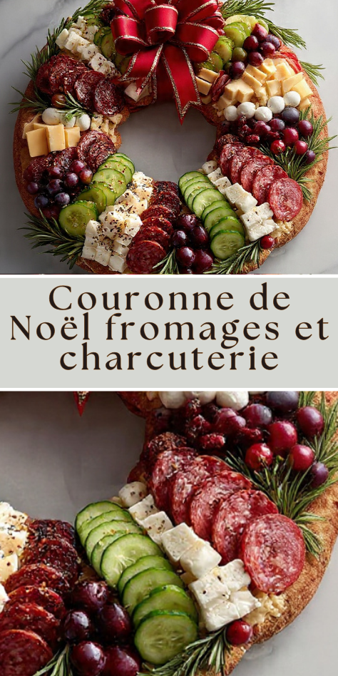 Couronne apéritive de Noël composée de fromages, charcuterie, raisins et romarin