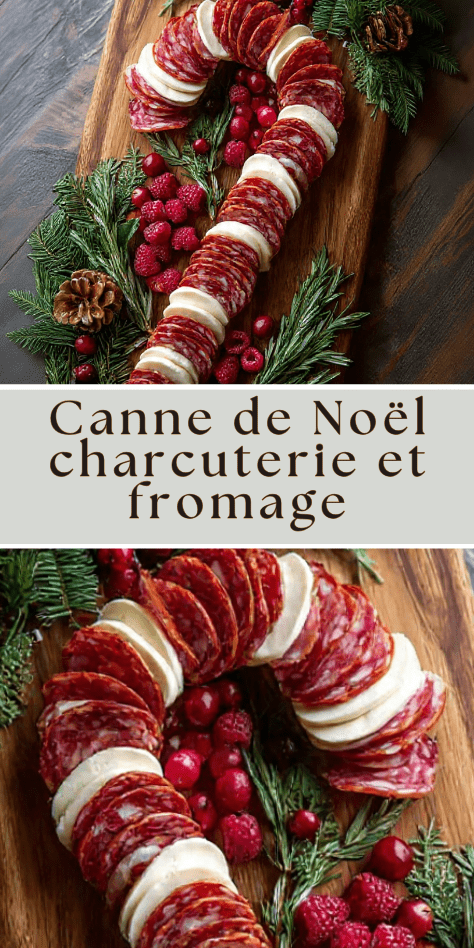Canne de Noël apéritive composée de charcuterie, fromage, fruits rouges et romarin