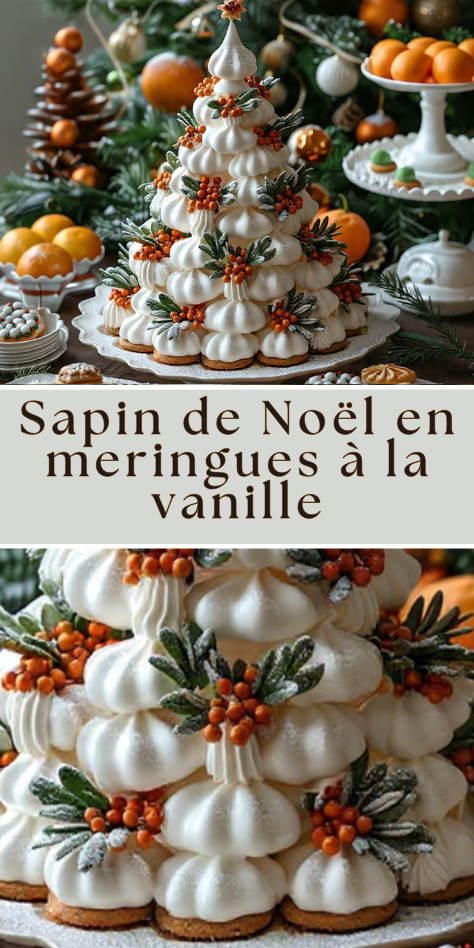 Sapin de Noël en meringues blanches décoré de perles en sucre et romarin