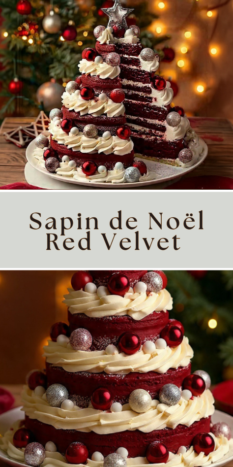 Sapin de Noël Red Velvet à la crème fromage décoré de perles en sucre et étoile dorée