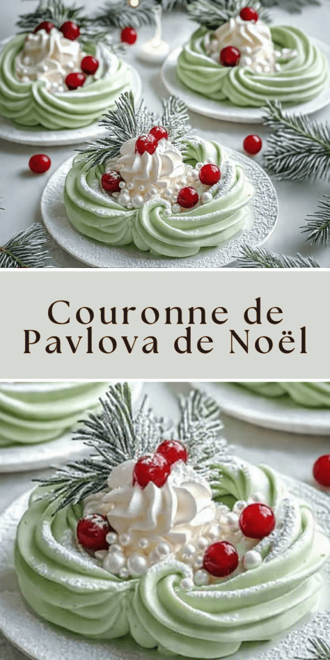 Couronne de pavlova de Noël à la crème verte décorée de cranberries et romarin