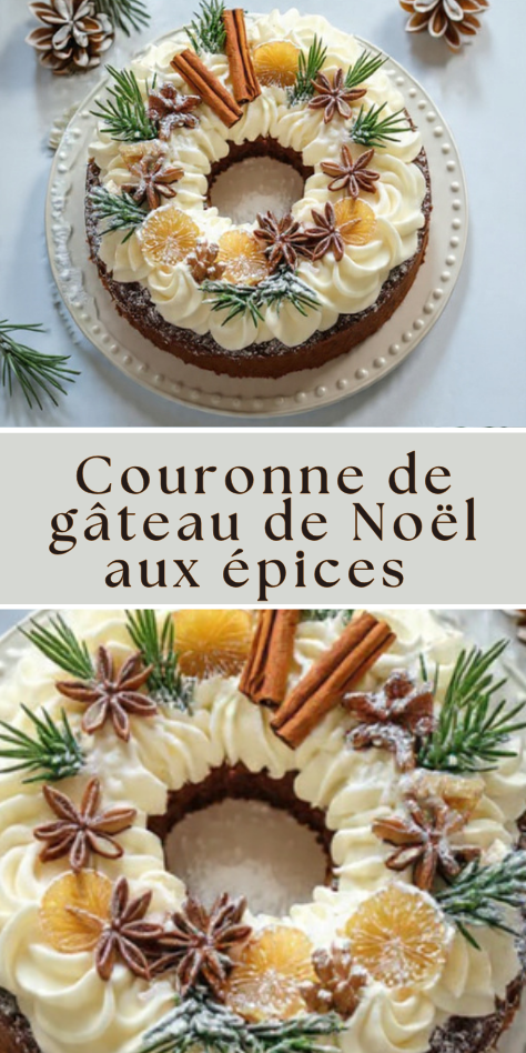 Couronne de gâteau de Noël aux épices décorée d’orange séchée, cannelle et crème vanillée