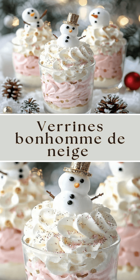 Verrines bonhomme de neige de Noël à la crème vanille et mousse rose décorées façon festive