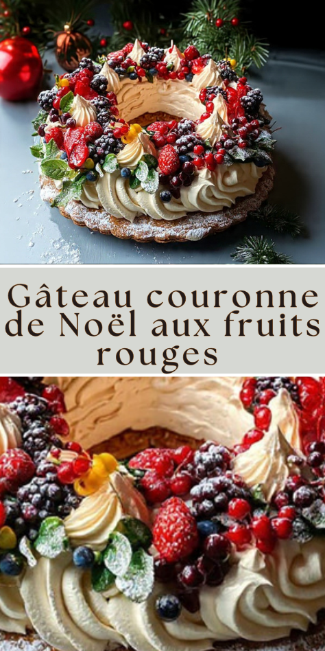 Gâteau couronne de Noël aux fruits rouges frais et crème vanille, décor festif et hivernal