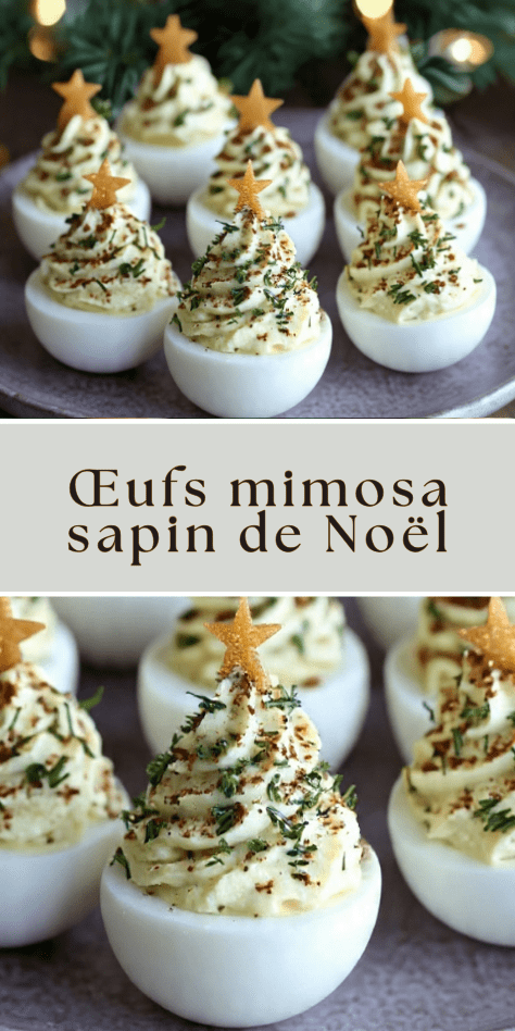 Œufs mimosa sapin de Noël décorés de ciboulette, paprika et étoile comestible