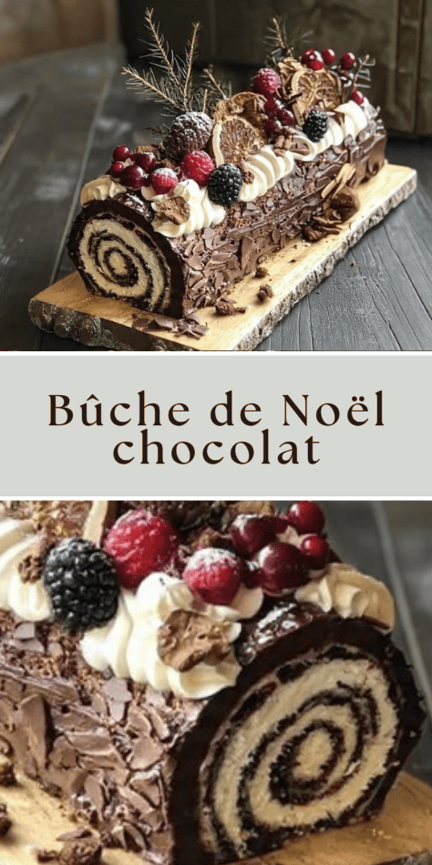 Bûche de Noël chocolat vanille décorée de fruits rouges, orange séchée et sucre glace effet forêt enchantée