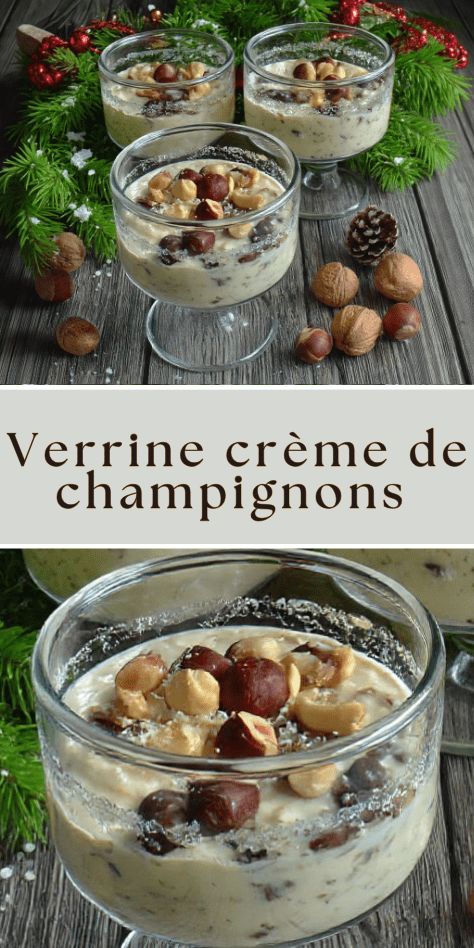Verrine de crème de champignons crémeuse garnie de noisettes torréfiées