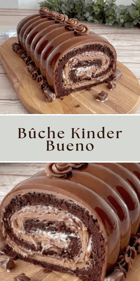 Bûche Kinder Bueno nappée de chocolat au lait, décorée de morceaux de Kinder Bueno et traits de chocolat