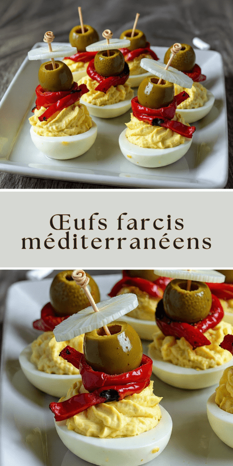 Œufs farcis méditerranéens décorés avec olives, poivrons rôtis et rondelles de radis sur un plateau de service