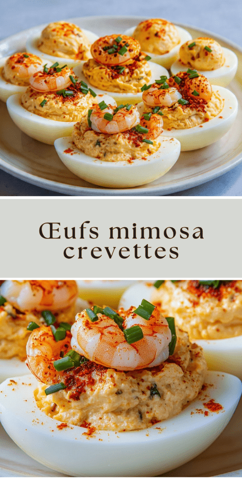 Œufs mimosa crevettes garnis de farce crémeuse au paprika et ciboulette, décorés d’une crevette sur le dessus