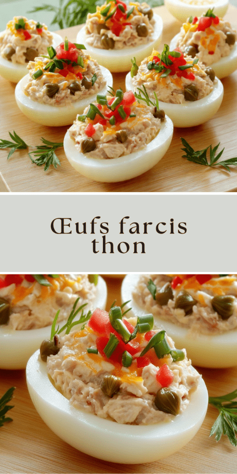 Œufs farcis thon garnis de câpres, dés de tomate, ciboulette et aneth sur un plat de service