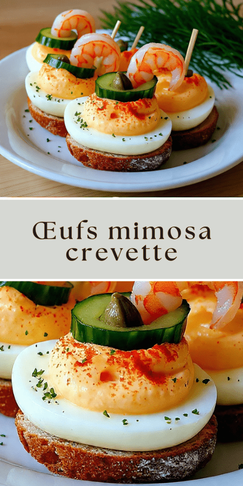 Œufs mimosa crevette dressés sur toast croustillant avec cornichons et câpres