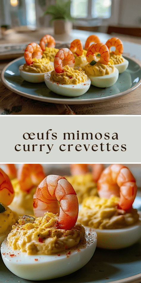 Œufs mimosa au curry garnis de crevettes verticales, ciboulette et paprika sur un plat frais