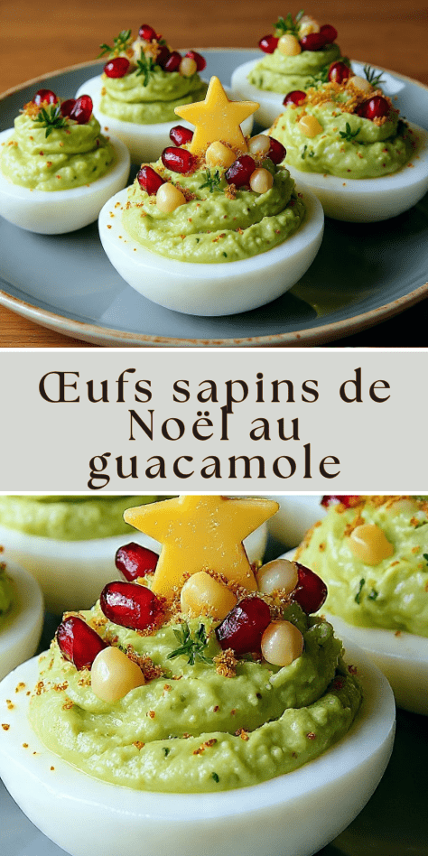 Œufs sapins Noël garnis de guacamole avec graines de grenade et étoiles de fromage