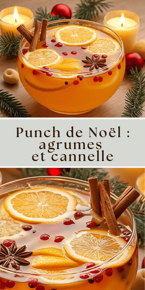 Punch de Noël servi dans un grand bol avec agrumes, cannelle et anis étoilé