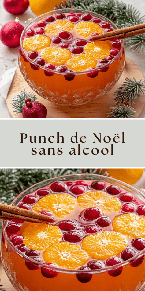 Punch de Noël sans alcool avec oranges, canneberges, cannelle et anis étoilé dans un grand saladier