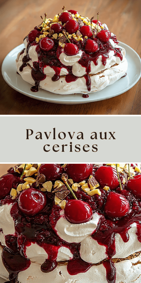 Pavlova cerises avec coulis noir, crème fouettée et éclats de chocolat