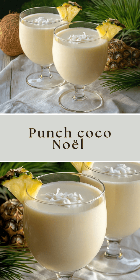Punch coco Noël servi dans des verres décorés de noix de coco râpée et tranches d’ananas