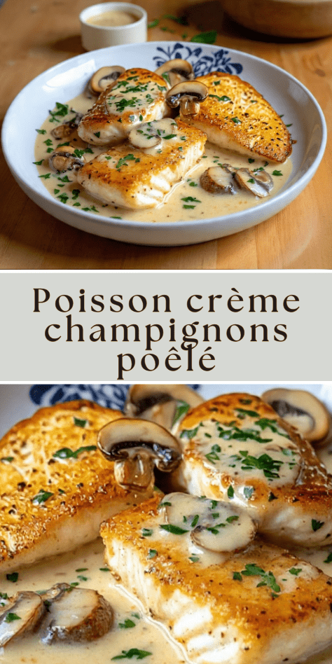 Poisson crème champignons nappé de sauce crémeuse avec persil frais