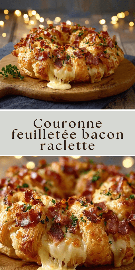 Couronne feuilletée garnie de bacon et fromage à raclette, dorée et fondante, servie sur une plaque