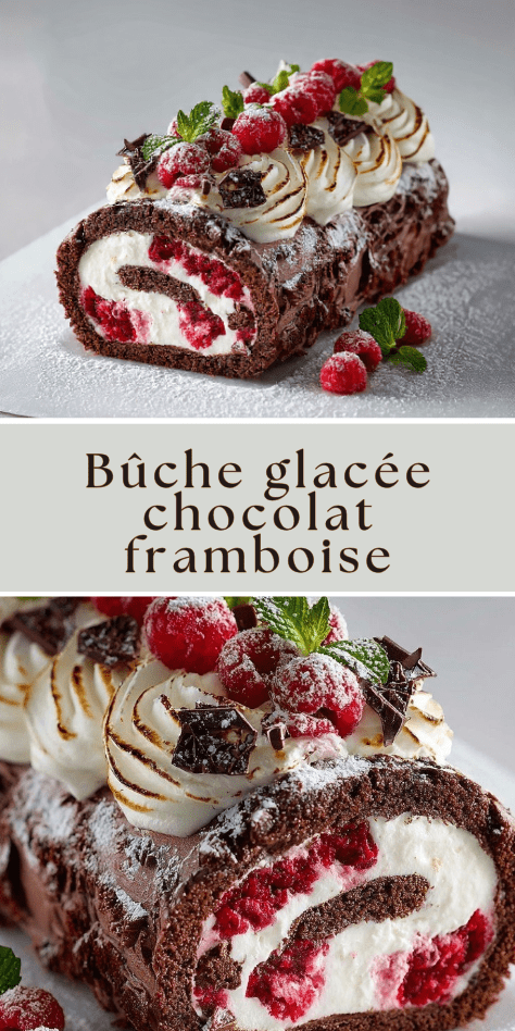 bûche glacée chocolat framboise recouverte de meringue dorée et framboises fraîches