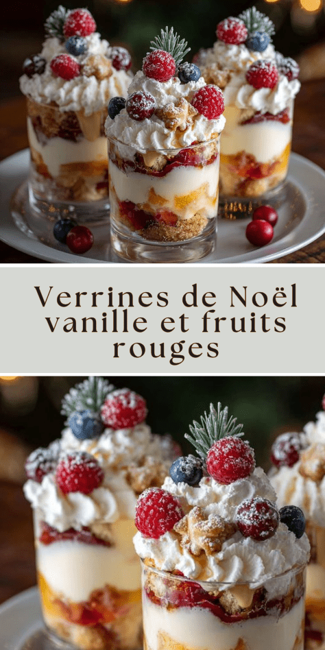 Verrines de Noël vanille et fruits rouges avec crumble croustillant