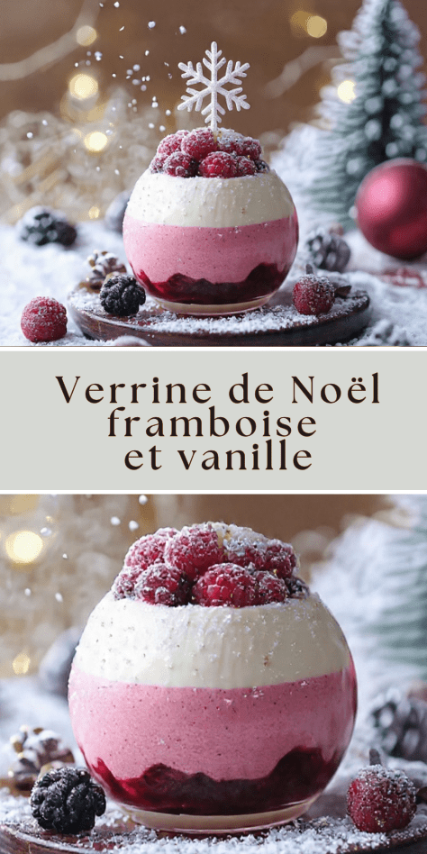 Verrine de Noël composée de mousse framboise, crème vanille et décor givré