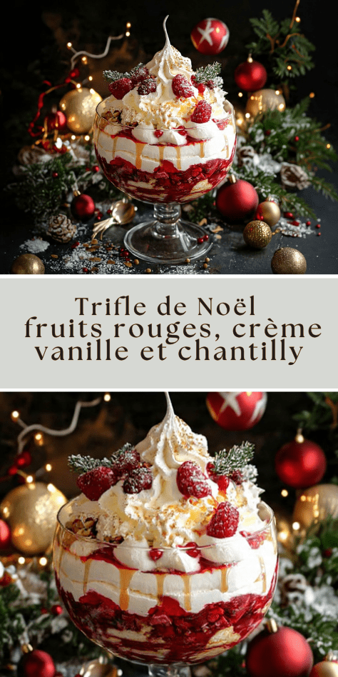 Trifle de Noël en verre avec fruits rouges, crème vanille et chantilly