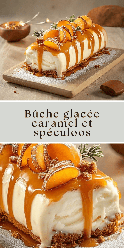Bûche glacée caramel avec base spéculoos et nappage au caramel coulant