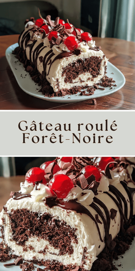 Gâteau roulé Forêt-Noire avec chantilly, cerises et copeaux de chocolat