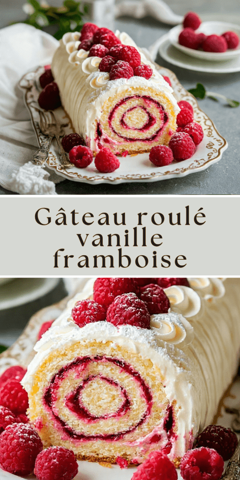 Gâteau roulé vanille framboise avec génoise moelleuse et confiture brillante