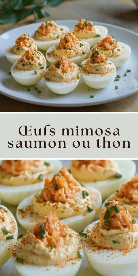 Œufs mimosa saumon garnis d’herbes fraîches et légèrement saupoudrés de paprika