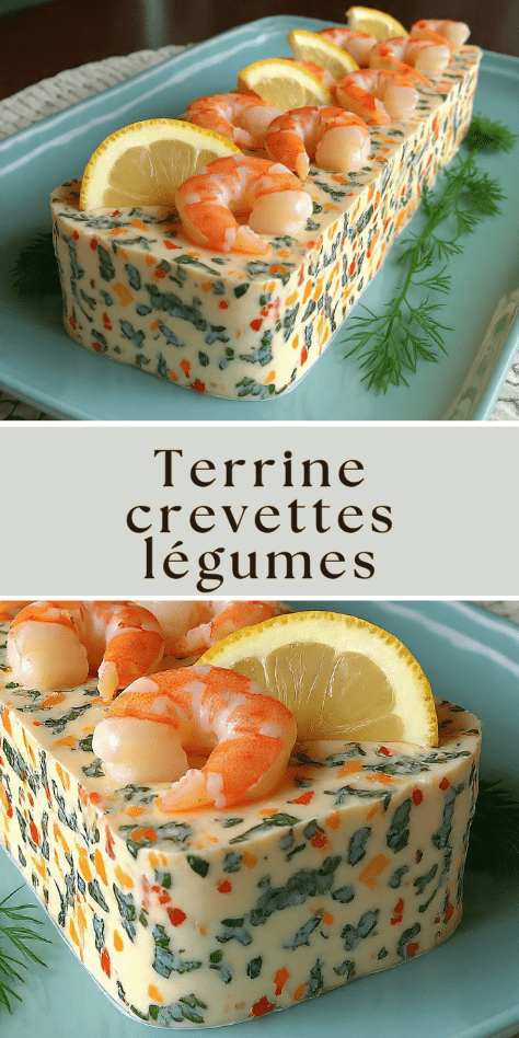 Terrine crevettes légumes avec légumes croquants, fromage frais et décoration au citron