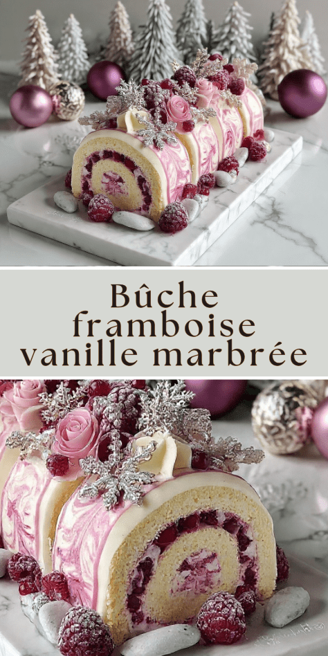 Bûche framboise vanille marbrée avec glaçage blanc et rose et décor aux framboises